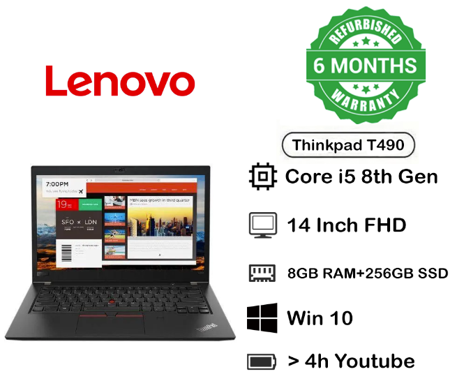 Special Limited Time Offer Refurbished Lenovo Thinkpad T490 Intel Core i5 8 GB Ram 256 GB SSD 8th Generation Refurbished Laptop 14'' Inch Screen Size With Installed Windows and Office Black in Color