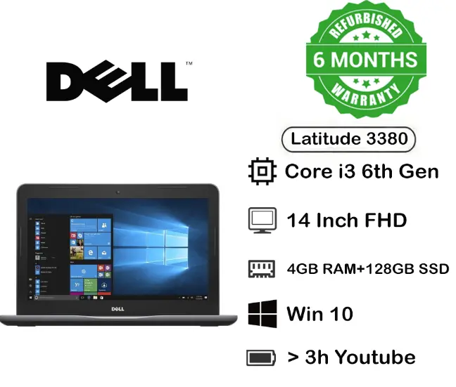 Refurbished Dell Latitude 3380 Intel Core I3 6th Generation 4GB RAM 128 GB SSD 14 Inch Screen Size Ultra Slim Laptop With Windows 10 and Office 2016 English Keyboard Techno Supreme