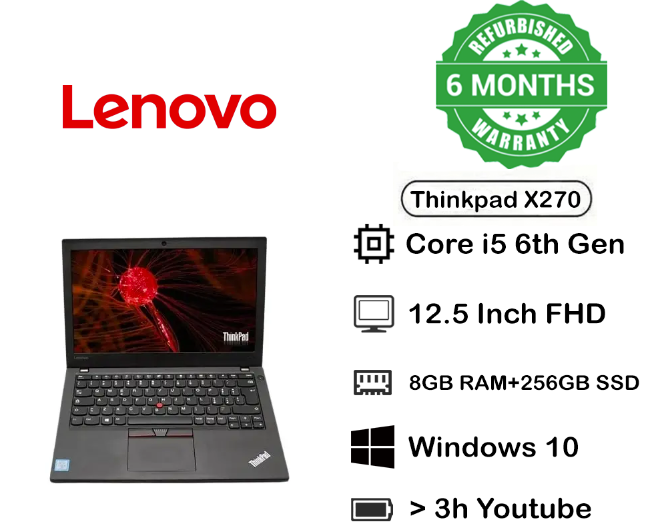 Free Mouse Gift Special Offer Refurbished Lenovo Think pad  X270 Laptop Core i5 8GB RAM 256GB SSD 6th Generation Laptop,12.5" Inch Screen Size, Windows 10 and Microsoft Office Installed TECHNO SUPREME