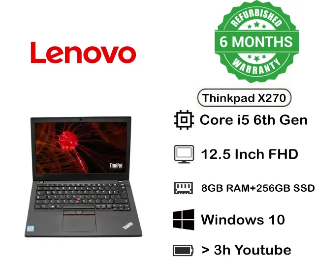 Free Mouse Gift Special Offer Refurbished Lenovo Think pad  X270 Laptop Core i5 8GB RAM 256GB SSD 6th Generation Laptop,12.5" Inch Screen Size, Windows 10 and Microsoft Office Installed TECHNO SUPREME