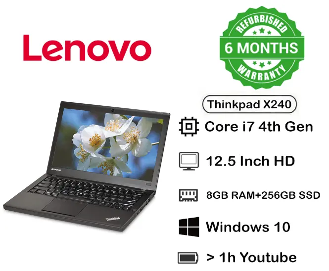 Special Limited Offer Refurbished Lenovo ThinkPad X240 Laptop Core i7 8 GB RAM 256GB SSD 12.5 Inch Screen Size 4th Generation Laptop Windows 10 Installed and Microsoft Office