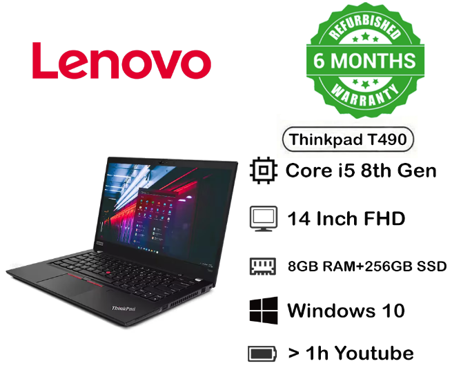 Special Limited Time Offer Refurbished Lenovo Thinkpad T490 Intel Core i5 8 GB Ram 256 GB SSD 8th Generation Refurbished Laptop 14'' Inch Screen Size With Installed Windows and Office Black in Color