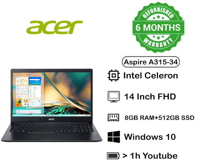 Limited Time Offer refurbished Acer Aspire  A315-34 Laptop Intel Celeron 8GB RAM 512GB SSD Storage 14 Inch Screen Size  Windows 10 and Microsoft Office Installed Black in Color TECHNO SUPREME