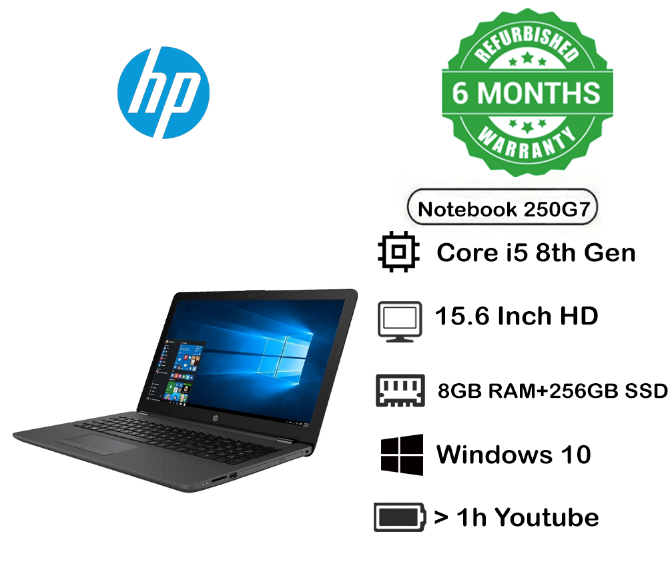 Free Gift Offer Refurbished HP Notebook 250G7 Laptop Core i5 8th Generation Processor 1.8 GHz 8 GB Ram 256 GB SSD Storage 15.6 Inch Screen Size Windows 10 Microsoft Office Installed TECHNO SUPREME