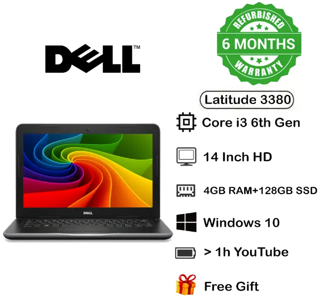 Free Gift Offer Refurbished Dell Latitude 3380 Intel Core I3 6th Generation 4GB RAM 128 GB SSD 14 Inch Screen Size Ultra Slim Laptop With Windows 10 and Office 2016 English Keyboard Techno Supreme