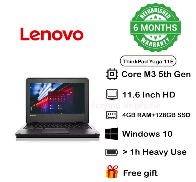 Free Gift Refurbished  Lenovo Thinkpad 11E Laptop Core M35th Generation 4GB Ram128GBSSD Grade One Laptop with Windows and Office Installed TECHNO SUPREME