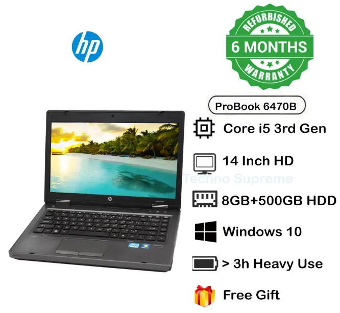Free Gift Limited special offer Refurbished HP ProBook 6470B Laptop Core i5 3rd Gen 8GB RAM 500GB HDD Windows 10 Refurbished Laptop Computer Notebook with charger Black 14 inch Screen TECHNO SUPREME