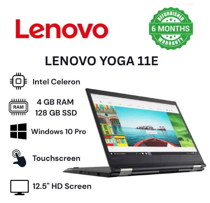 refurbished lenovo thinkpad yoga 11e x360 celeron 4gb ram 128gb ssd touchscreen 12.5'' inch screen size black in clor with windows 10 installeinstalled and ready to use