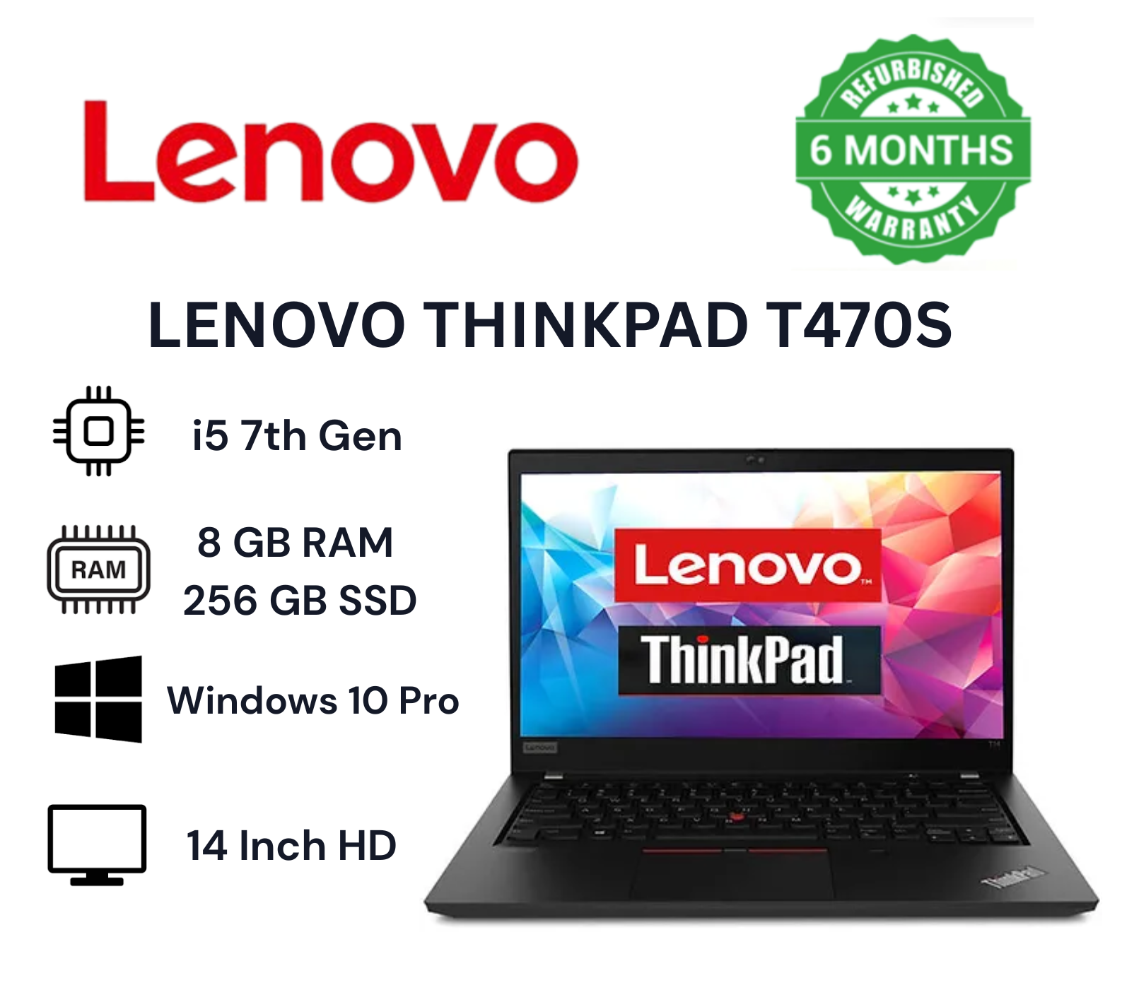 Special Offer Refurbished Lenovo ThinkPad T470s Laptop Intel Core i5 7th Gen 8GB RAM 256GB SSD 14'' Inch Refurbished Laptops Computer Notebook Black