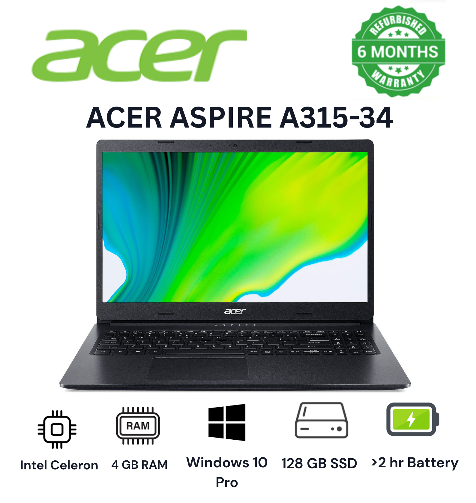 Limited Time Offer refurbished Acer Aspire  A315-34 Intel Celeron 4gb Ram 128gb ssd Storage  14 Inch Screen Size With Windows and Office Installed Black in Color