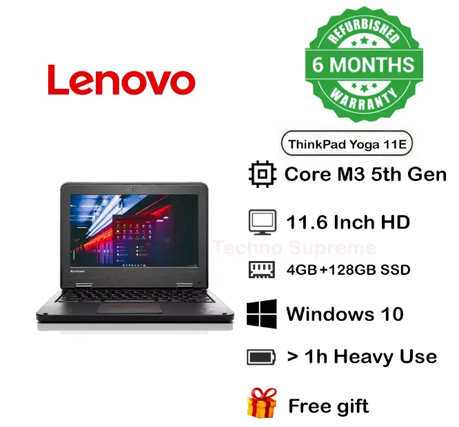Free Gift Refurbished  Lenovo Thinkpad 11E Core M35th Generation 4GB 128GBSSD Grade One with Windows and Office Installed TECHNO SUPREME