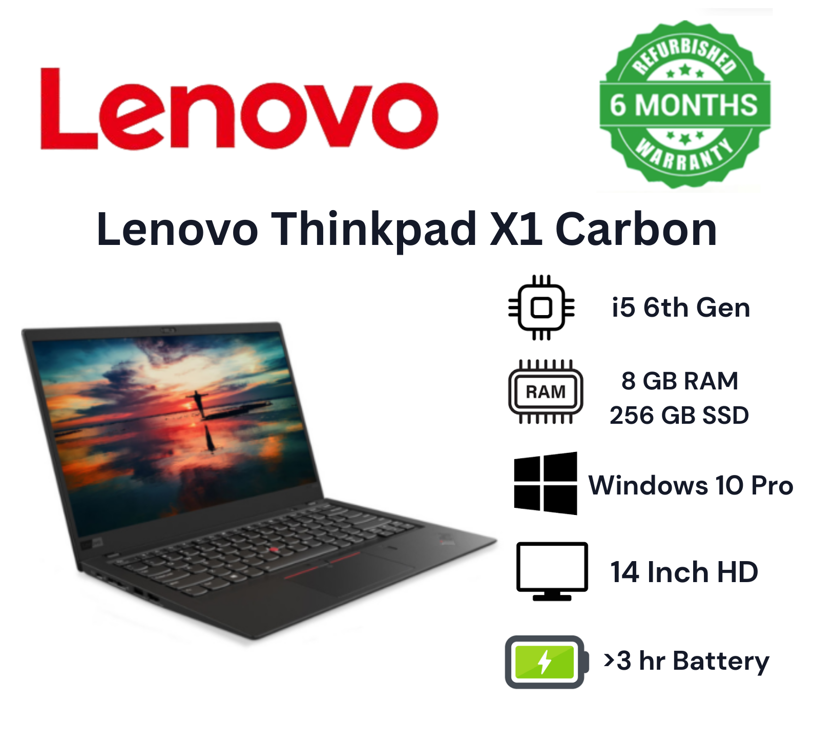 (Special Offer) Lenovo Thinkpad X1 Carbon Ultrabook Core i5 6th Generation 8GB RAM 256GB SSD Laptop 14' Screen Ultra Slim Laptop With Windows and Office Installed and 6 Months Warranty