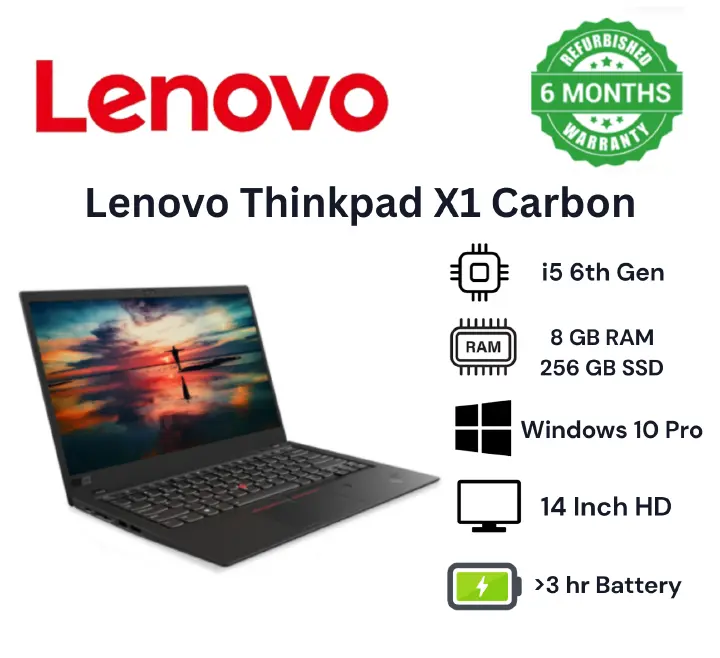 (Special Offer) Lenovo Thinkpad X1 Carbon Ultrabook Core i5 6th Generation 8GB RAM 256GB SSD Laptop 14' Screen Ultra Slim Laptop With Windows and Office Installed and 6 Months Warranty