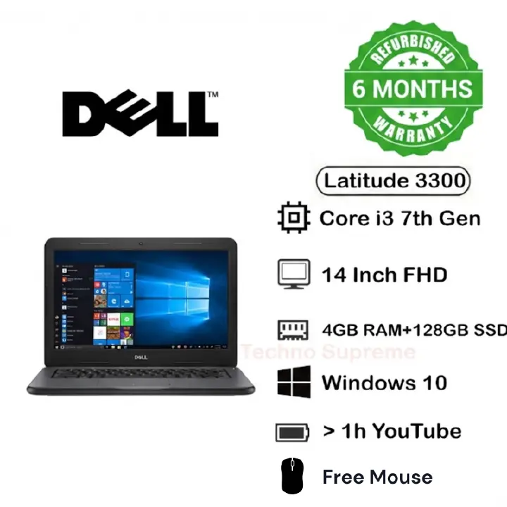 Free Mouse Refurbished Dell Latitude 3300 Intel Core i3 7th Generation 4GB RAM 128GB SSD Storage 14 Inch Screen Refurbished Laptop with Windows and Office Installed Grey