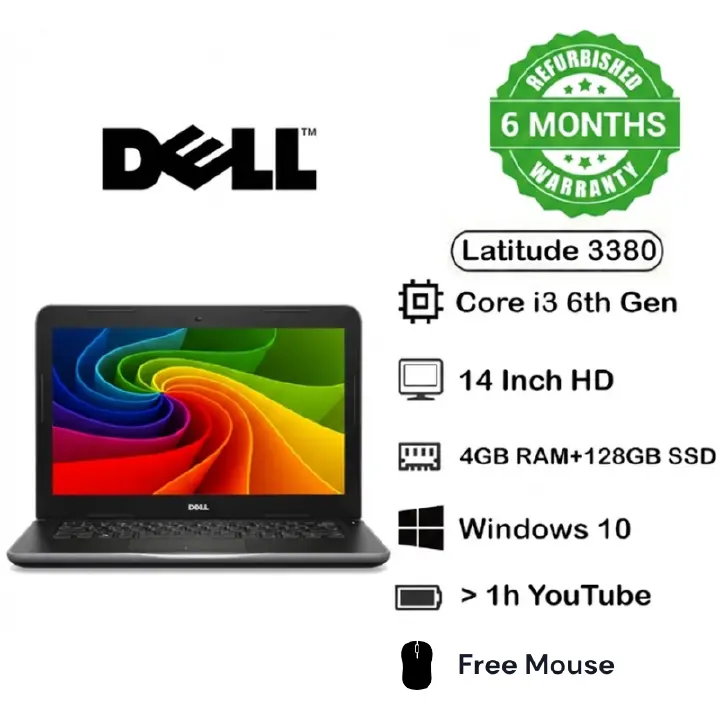 Free Mouse Dell Latitude 3380 Intel Core i3 6th Generation 4GB RAM 128 GB SSD 14 Inch Screen Size Refurbished Ultra Slim Laptop With Windows 10 and Office Installed English Keyboard Techno Supreme