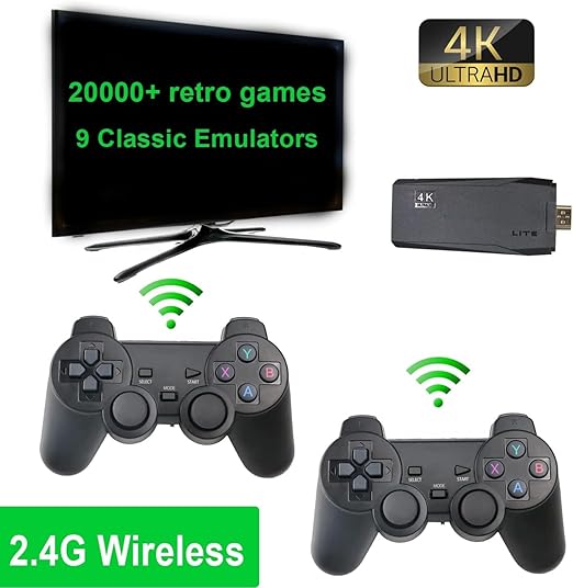 Wireless Retro Game Console,Retro Game Dongle,Plug & Play Video TV Game Dongle within 20000+ Games Built-in, 9 Classic Emulators, 4K HD Nostalgia Game for TV, Dual 2.4G Wireless Control