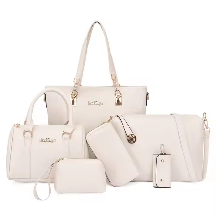 High-quality fashion women's bag set 6-piece set, handbag, travel bag, solid color lychee pattern, ladies handbag