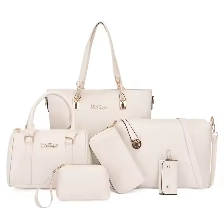 High-quality fashion women's bag set 6-piece set, handbag, travel bag, solid color lychee pattern, ladies handbag