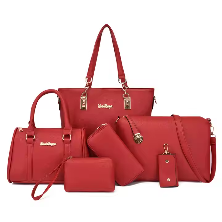 High-quality fashion women's bag set 6-piece set, handbag, travel bag, solid color lychee pattern, ladies handbag