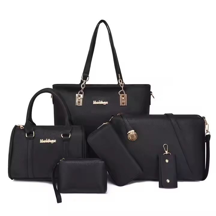 High-quality fashion women's bag set 6-piece set, handbag, travel bag, solid color lychee pattern, ladies handbag