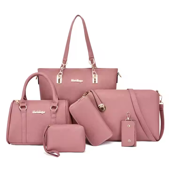 High-quality fashion women's bag set 6-piece set, handbag, travel bag, solid color lychee pattern, ladies handbag