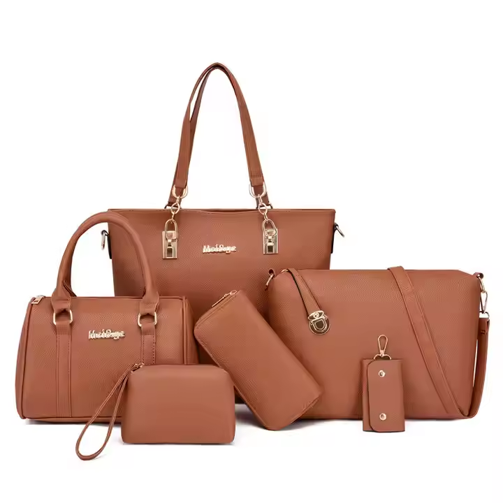 High-quality fashion women's bag set 6-piece set, handbag, travel bag, solid color lychee pattern, ladies handbag