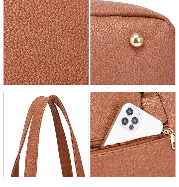 High-quality fashion women's bag set 6-piece set, handbag, travel bag, solid color lychee pattern, ladies handbag