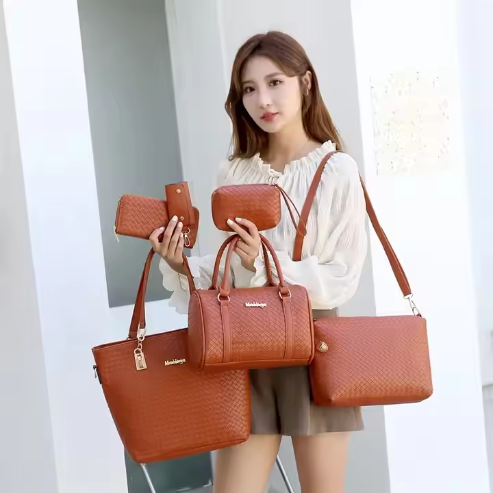 High-quality fashion women's bag set 6-piece set, handbag, travel bag, solid color lychee pattern, ladies handbag
