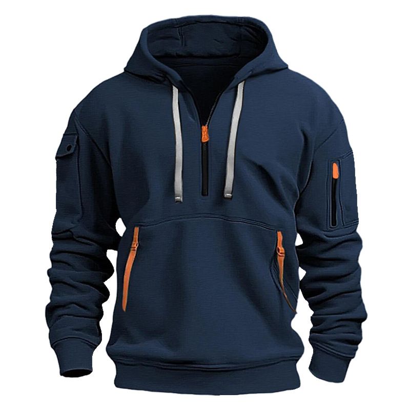 Men's plus velvet casual, sports, multi-zipper, pockets, personalized sweaters, pullover hoodies, jackets, fashion tops off-the-shoulder hooded sweaters