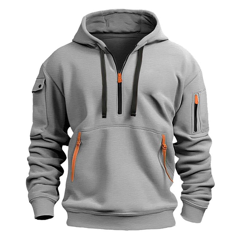 Men's plus velvet casual, sports, multi-zipper, pockets, personalized sweaters, pullover hoodies, jackets, fashion tops off-the-shoulder hooded sweaters