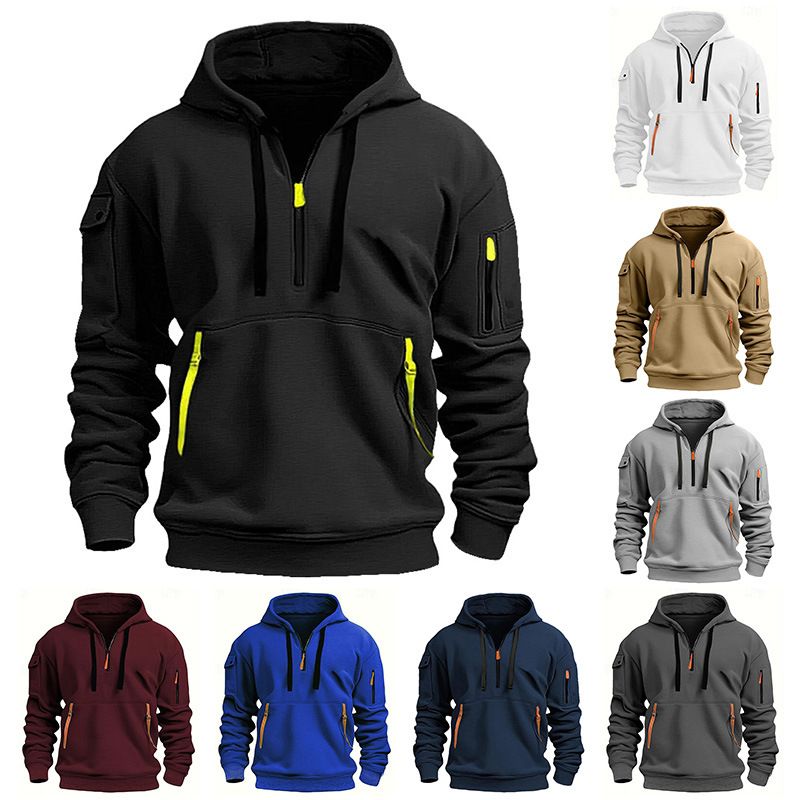 Men's plus velvet casual, sports, multi-zipper, pockets, personalized sweaters, pullover hoodies, jackets, fashion tops off-the-shoulder hooded sweaters