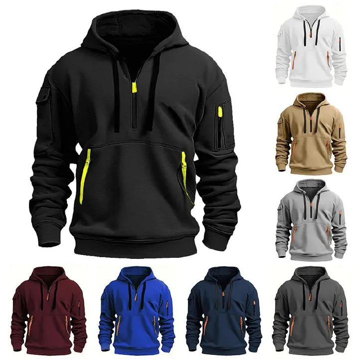 Men's plus velvet casual, sports, multi-zipper, pockets, personalized sweaters, pullover hoodies, jackets, fashion tops off-the-shoulder hooded sweaters