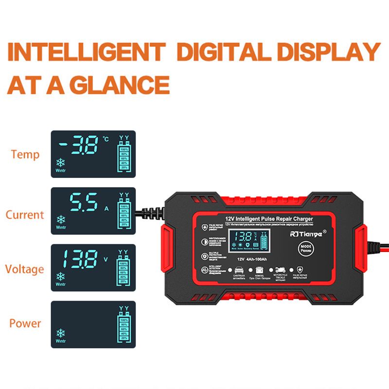 12V6A motorcycle car battery charger charger, automatic car battery charger 12V digital display battery charger power supply Puls repair charger wet and dry lead-acid