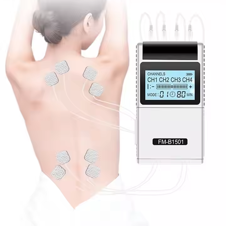 Physiotherapy massage machine, low-frequency pulse physiotherapy instrument, four-channel meridian acupoint shoulder and cervical spine massager, TENS EMS muscle 15 modes & 4 outputs 8 natural pads