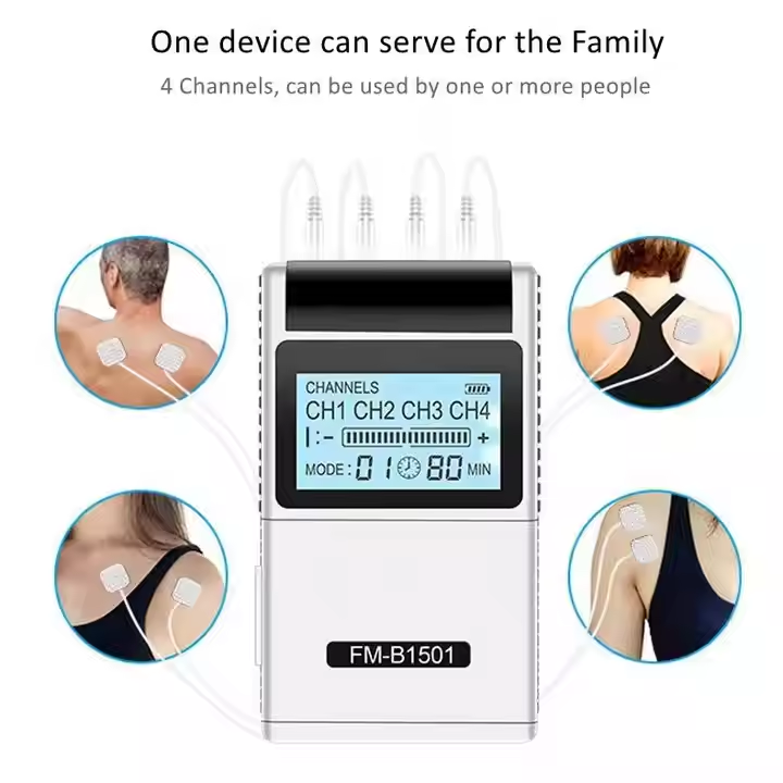 Physiotherapy massage machine, low-frequency pulse physiotherapy instrument, four-channel meridian acupoint shoulder and cervical spine massager, TENS EMS muscle 15 modes & 4 outputs 8 natural pads