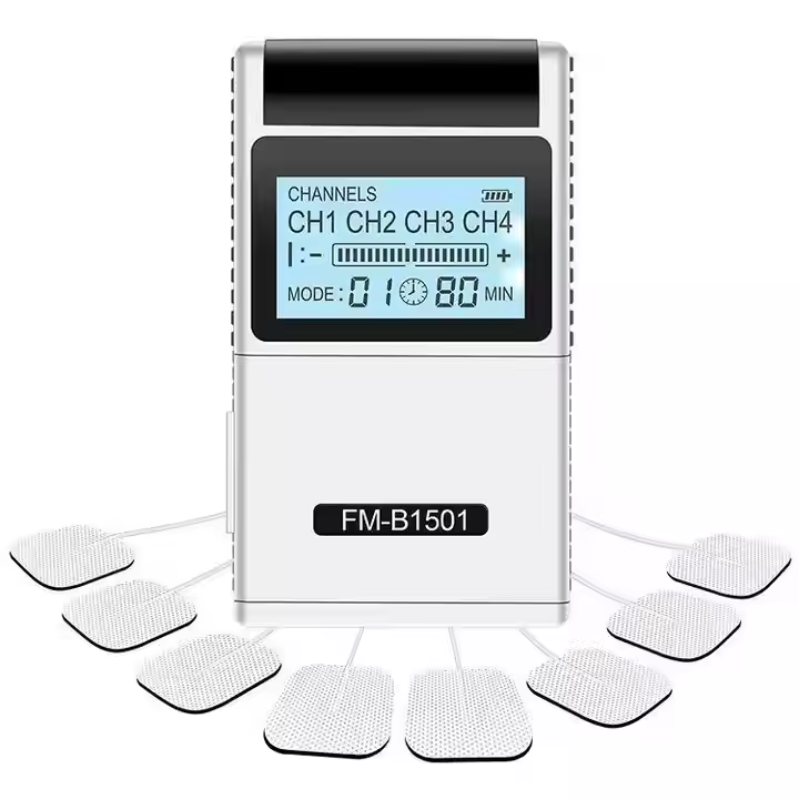 Physiotherapy massage machine, low-frequency pulse physiotherapy instrument, four-channel meridian acupoint shoulder and cervical spine massager, TENS EMS muscle 15 modes & 4 outputs 8 natural pads