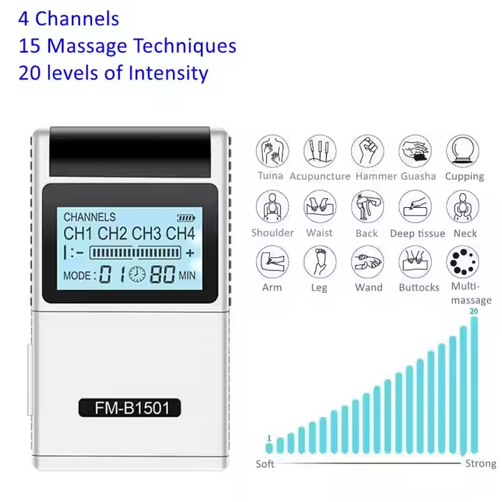 Physiotherapy massage machine, low-frequency pulse physiotherapy instrument, four-channel meridian acupoint shoulder and cervical spine massager, TENS EMS muscle 15 modes & 4 outputs 8 natural pads