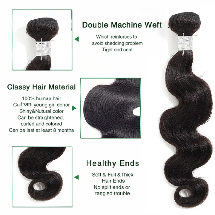The best hair bundle with closure, Brazilian hair, body wavy, human hair, natural color, middle part style
