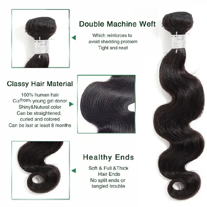The best hair bundle with closure, Brazilian hair, body wavy, human hair, natural color, middle part style