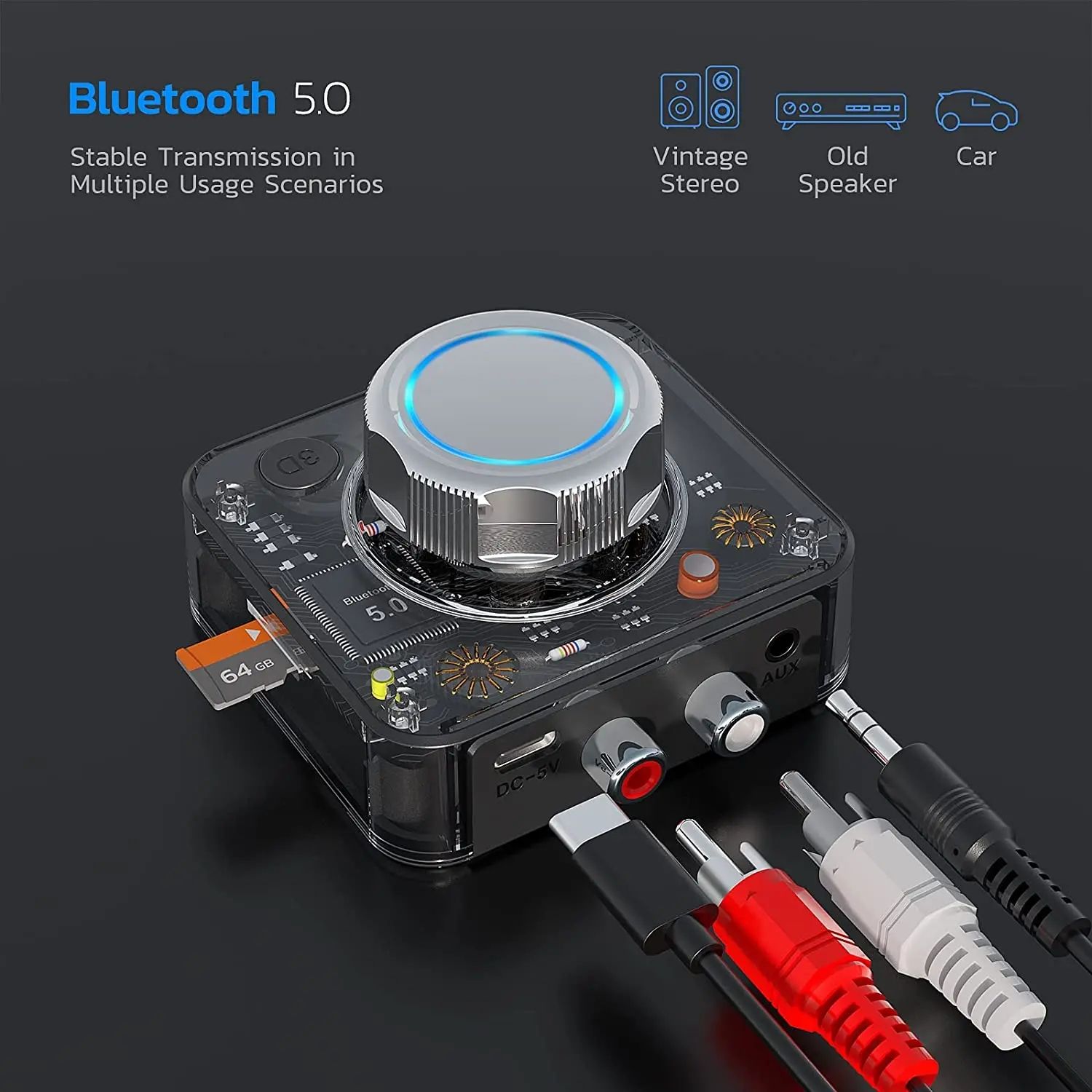 Bluetooth 5.0 Receiver 3D Stereo TF Card RCA 3.5mm AUX Jack Wireless Adapter For Speaker Amplifier Car Audio Transmitter Auto ON