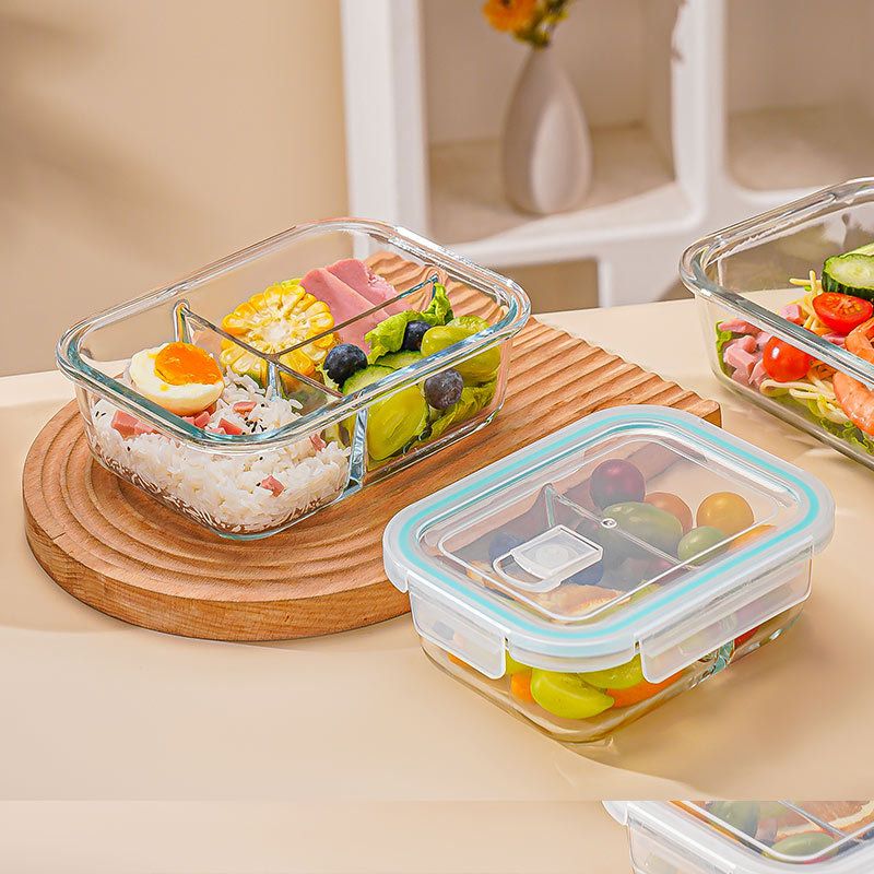 1040 ml High Borosilicate glass lunch box ,2 grid portionLeak with a blue ring lid Proof crisper food bowlMicrowave Safe Lunch Bento Box With Lid