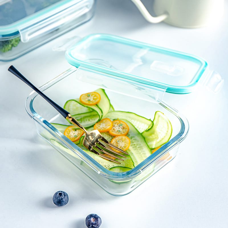 1040 ml High Borosilicate glass lunch box ,2 grid portionLeak with a blue ring lid Proof crisper food bowlMicrowave Safe Lunch Bento Box With Lid