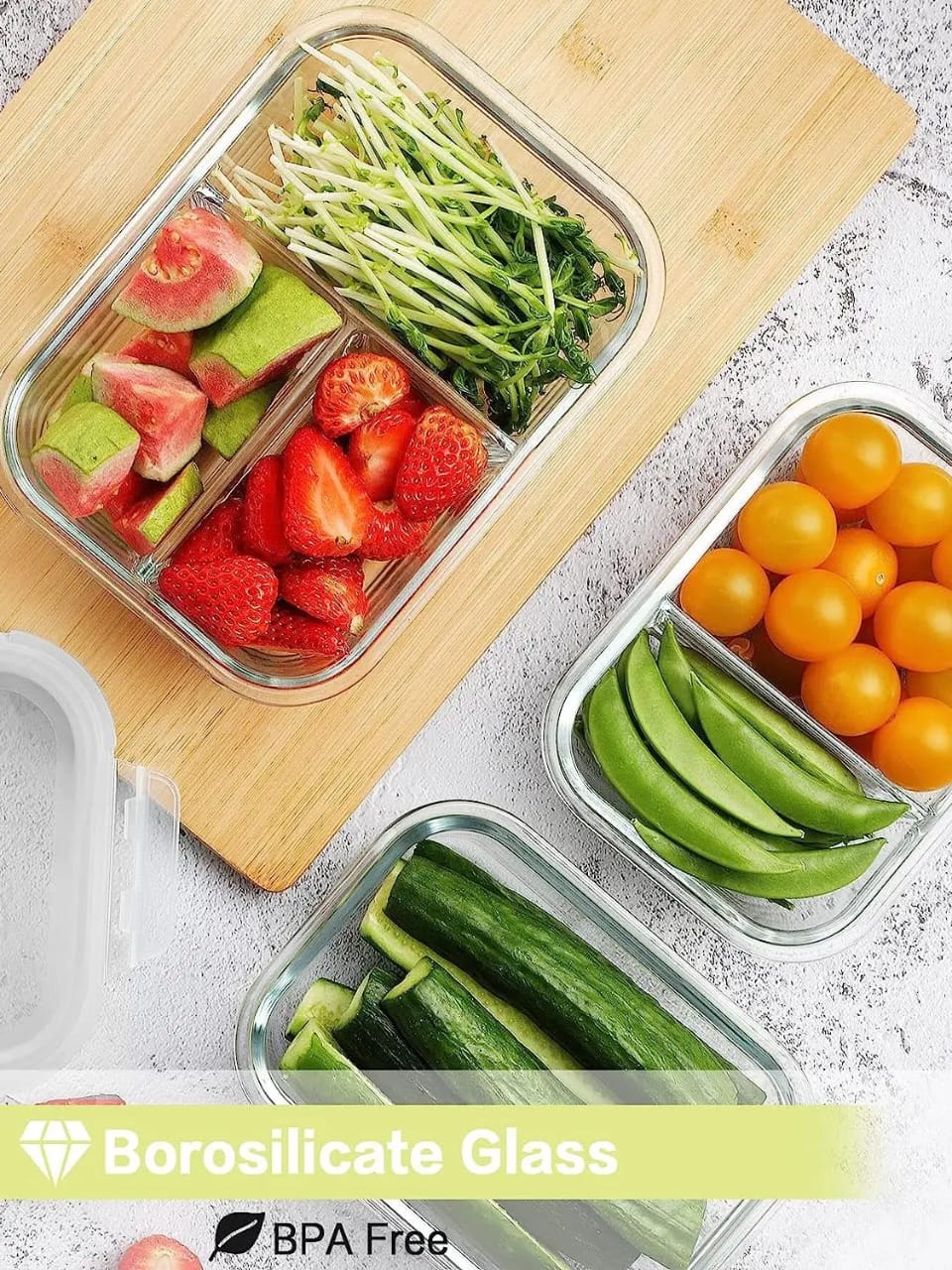 1040 ml High Borosilicate glass lunch box ,2 grid portionLeak with a blue ring lid Proof crisper food bowlMicrowave Safe Lunch Bento Box With Lid