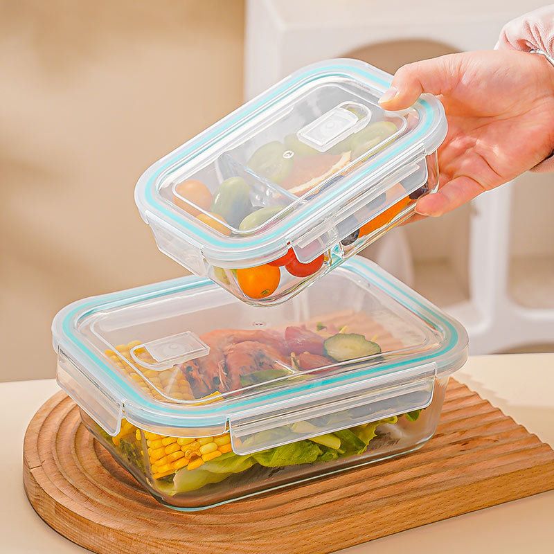 1040 ml High Borosilicate glass lunch box ,2 grid portionLeak with a blue ring lid Proof crisper food bowlMicrowave Safe Lunch Bento Box With Lid