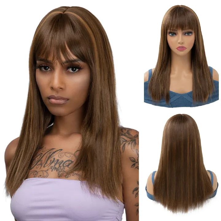 [Most Beautifu] Wig For Women Long Straight Hair Fashionable Highlights Bangs Full Head Cover Wig