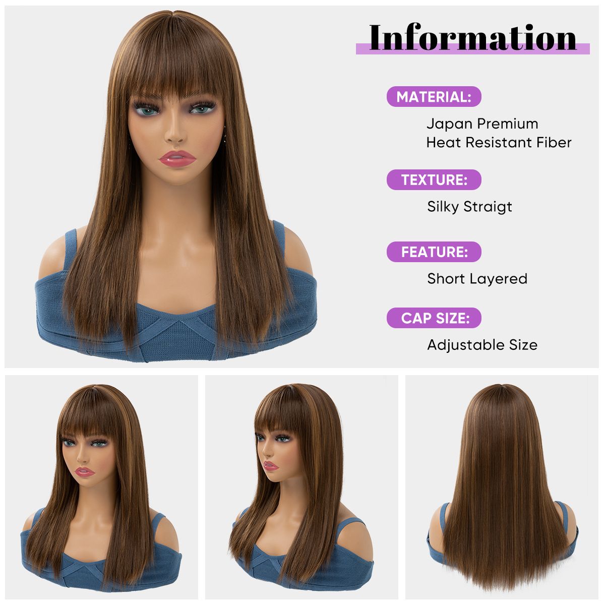 [Most Beautifu] Wig For Women Long Straight Hair Fashionable Highlights Bangs Full Head Cover Wig