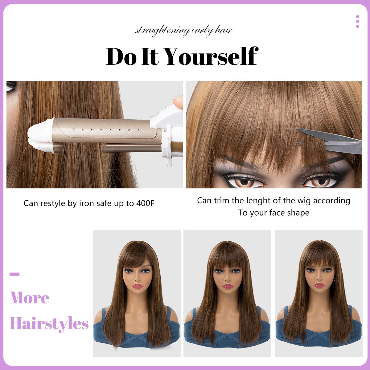 [Most Beautifu] Wig For Women Long Straight Hair Fashionable Highlights Bangs Full Head Cover Wig