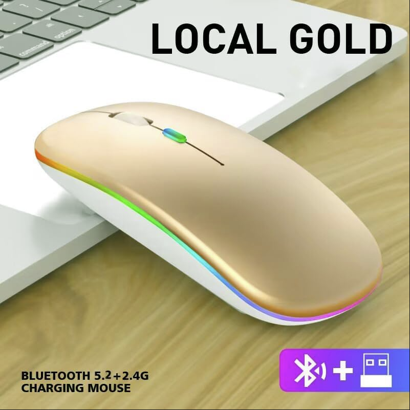 Wireless Bluetooth + 2.4G Dual-mode Rechargeable LED Optical Mouse - (Gold)