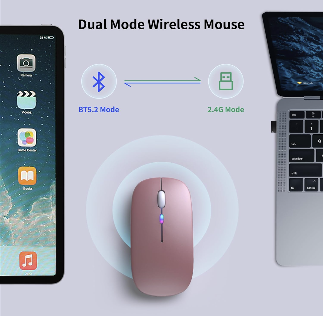 Wireless Bluetooth + 2.4G Dual-mode Rechargeable LED Optical Mouse - (Rose Gold)