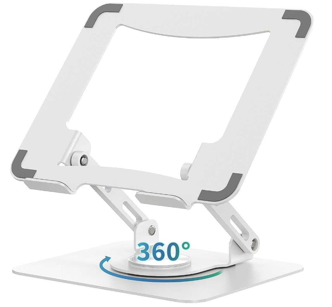 Laptop Stand with 360° Rotating Base, Ergonomic Computer Riser for Desk, Adjutable Height Muti-Angle, Foldable Laptop Mount, Stable Metal Holder Support 10-17" Notebook PC, White
